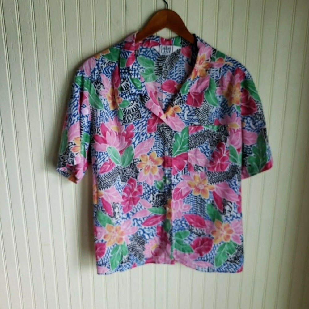 Cricket Lane Button Up Shirt Womens XL Multicolor Floral Hawaiian Tropical Top